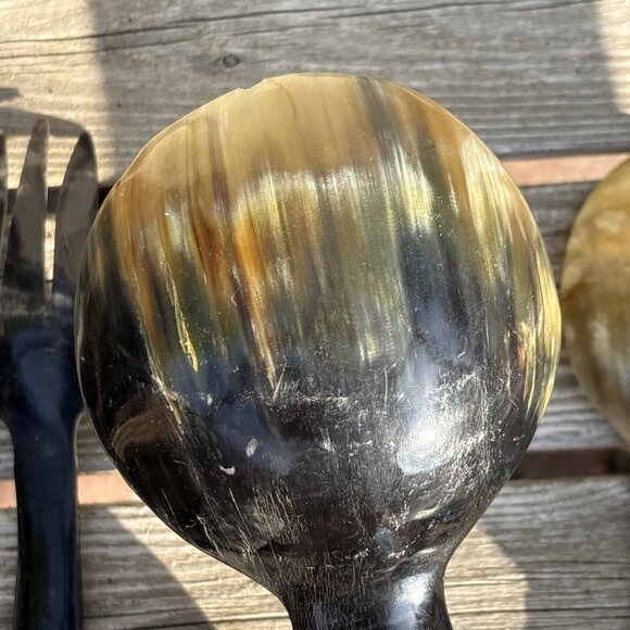 Vintage Hand Carved Horn Spoons Fork Lot of 3 Large Ladle Bovine Horn Canada - Picture 10 of 13